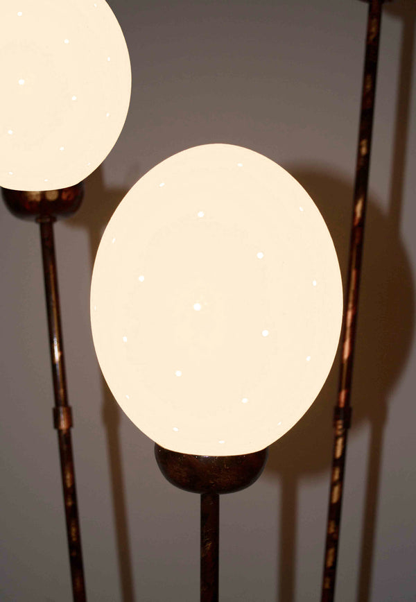 Five Egg Ostrich Egg Lamp, a floor lamp made from ostrich eggs and painted metal in South Africa, seen up close