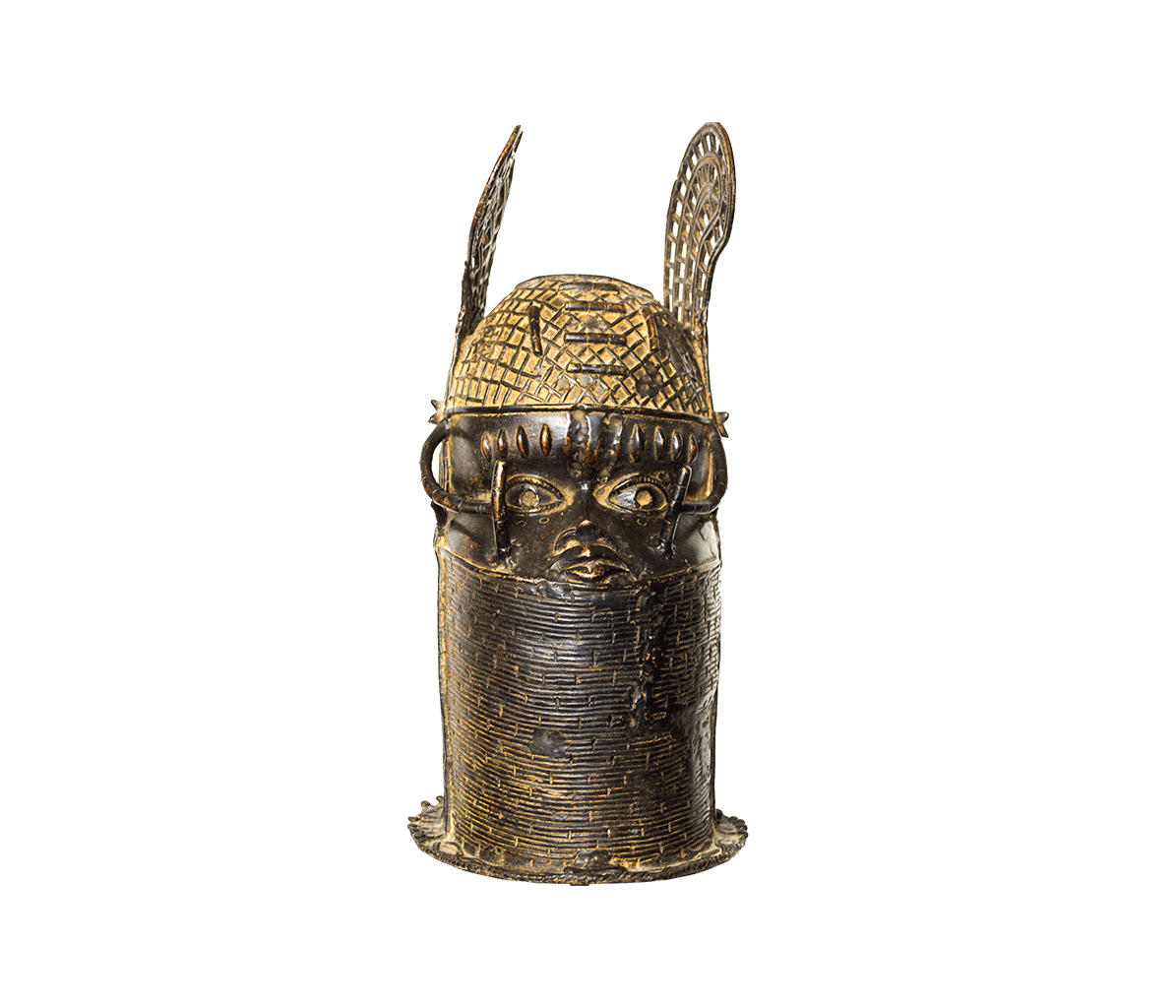 Benin Kingdom King, a memorial head of an Oba in a beaded cap with two raised wings, made from bronze in Nigeria