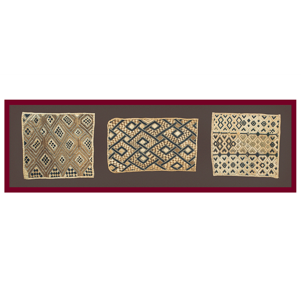 Kuba Kloth Panels, three raffia palm fiber Kuba cloths from the Democratic Republic of the Congo in a cherry wood frame
