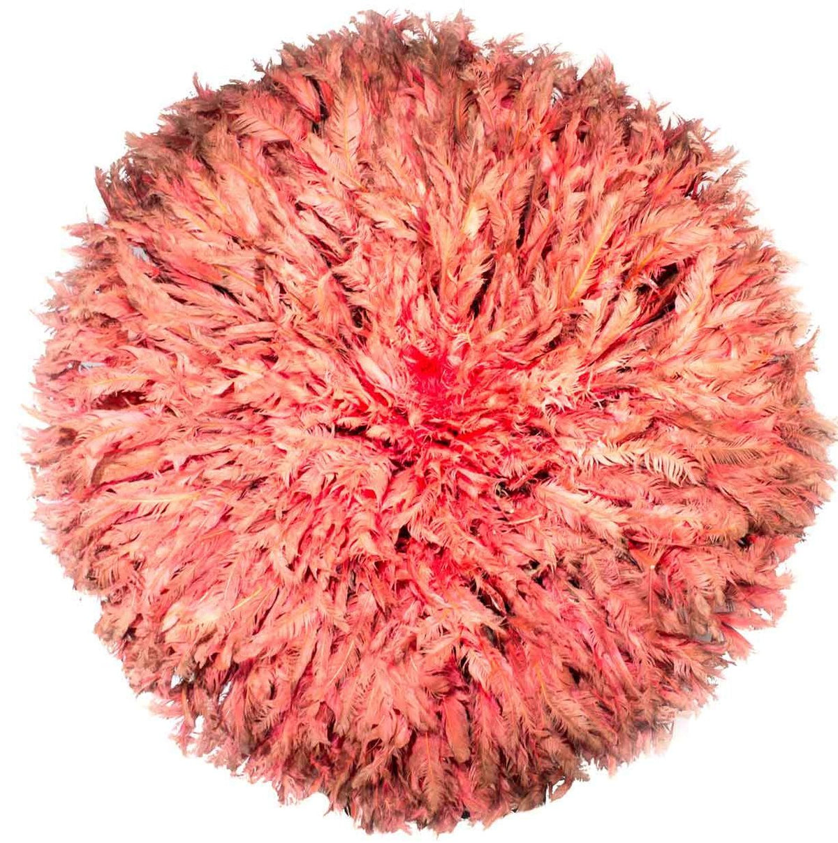 Ostrich Feathers Wall Art, a round pink and red Juju Hat made from genuine ostrich feathers and cloth in South Africa