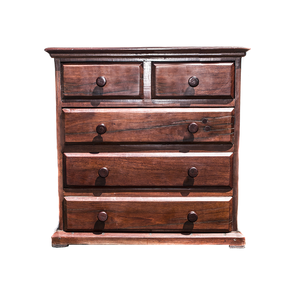 Dresser with two small and three full drawers and round wood knobs, made from recycled red jarrah wood in Zimbabwe