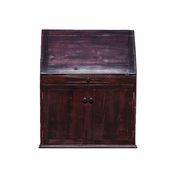 Convertible Desk, an antique railroad cabinet made from red jarrah wood in Zimbabwe, shown closed with a slanted lid