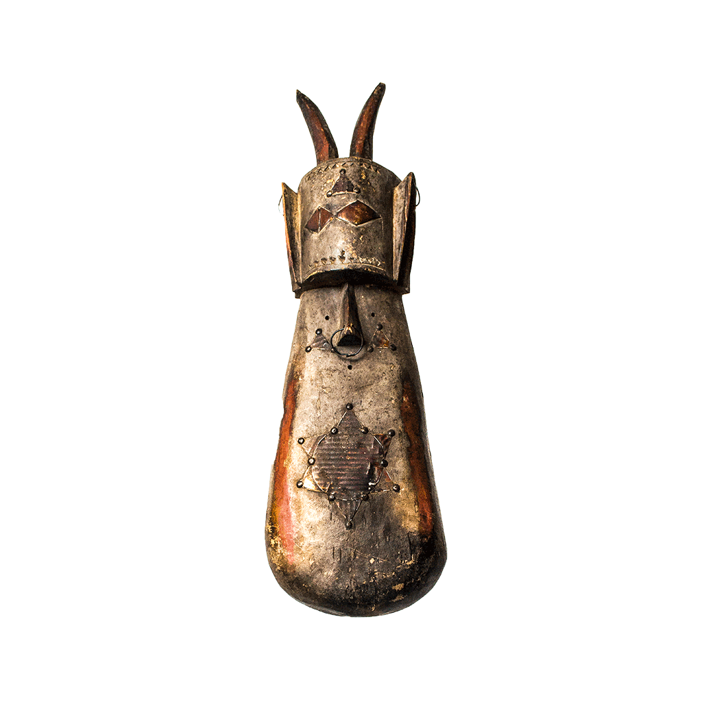 Star of David Mask, a mask made from wood and bronze in the Ivory Coast, with two horns and a metal star on its face