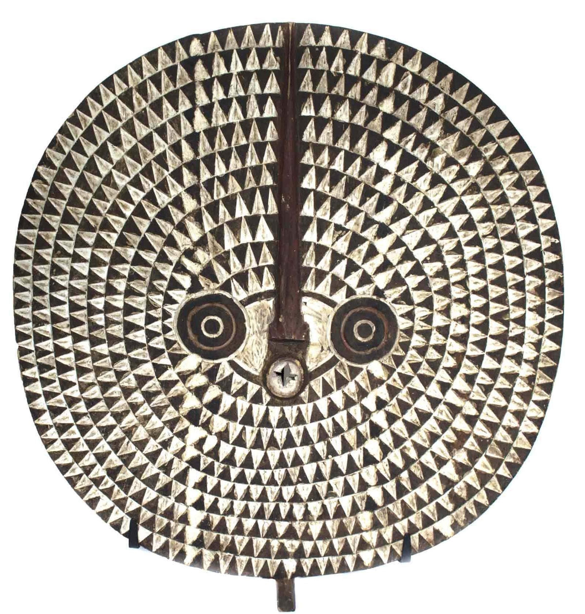One of a kind African Fine Art: Authentic Mask from Burkina Faso Made in 1963. In this photo, the mask is mounted on a custom made mask stand that is included with your purchase. You can, however, mount it on the wall as well.