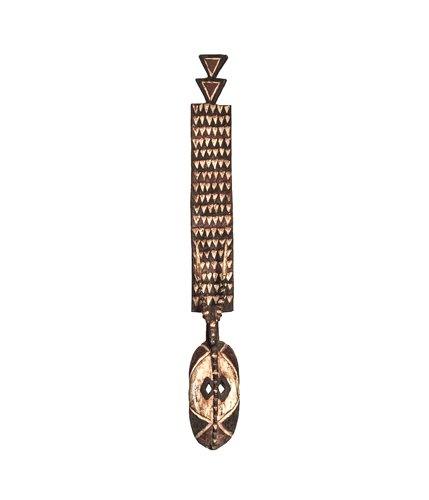 Mask, a tall Mossi plank mask carved from wood in Burkina Faso, with rows of small triangles over a face with diamond eyes