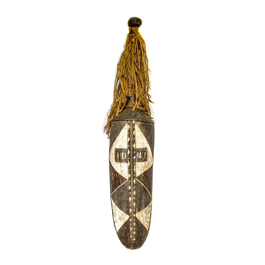 Mask, a Mossi mask made from wood and jute in Burkina Faso, with a long face painted in white diamonds under a fiber fringe