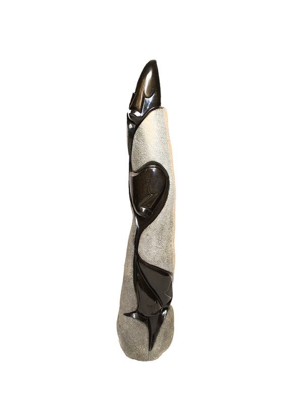 Family, a Shona sculpture carved from spring stone in Zimbabwe, with polished black figures set into a rough grey column