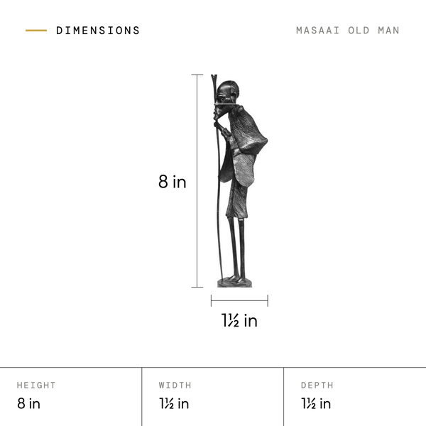 Masaai Old Man dimensions: 8 in tall, 1.5 in wide, 1.5 in deep