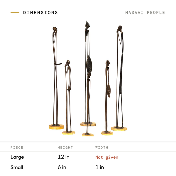 Masaai People dimensions by size: Large 12 in tall; Small 6 in tall, 1 in wide