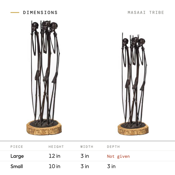 Masaai Tribe dimensions by size: Large 12 in tall, 3 in wide; Small 10 in tall, 3 in wide, 3 in deep