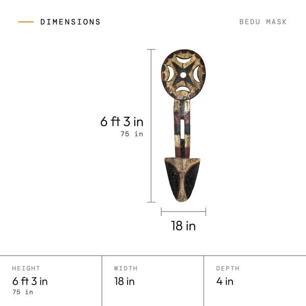 Bedu Mask dimensions: 6 ft 3 in (75 in) tall, 18 in wide, 4 in deep