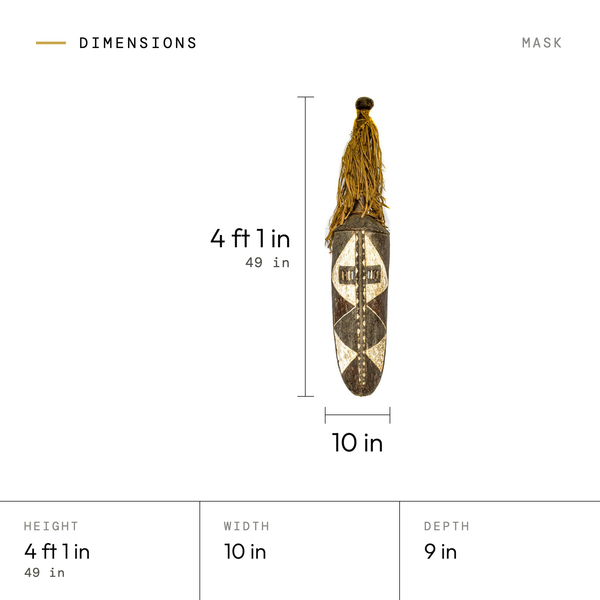 Mask dimensions: 4 ft 1 in (49 in) tall, 10 in wide, 9 in deep