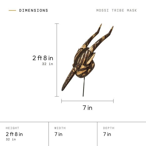 Mossi Tribe Mask dimensions: 2 ft 8 in (32 in) tall, 7 in wide, 7 in deep