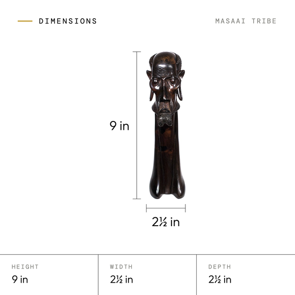 Masaai Tribe dimensions: 9 in tall, 2.5 in wide, 2.5 in deep
