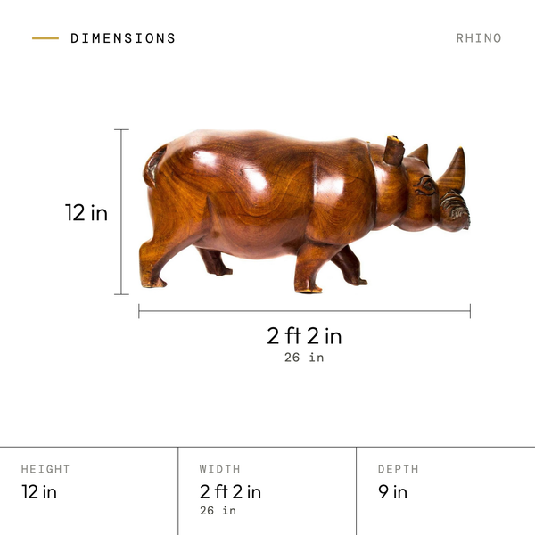 Rhino dimensions: 12 in tall, 2 ft 2 in (26 in) wide, 9 in deep