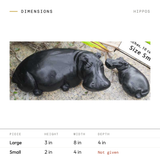 Hippos dimensions by size: Large 3 in tall, 8 in wide, 4 in deep; Small 2 in tall, 4 in wide