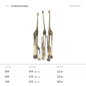 Giraffe dimensions by size: 8 ft (96 in) tall, 12 in wide; 5 ft (60 in) tall, 12 in wide; 3 ft (36 in) tall, 10 in wide