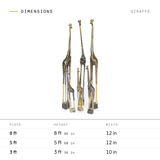 Giraffe dimensions by size: 8 ft (96 in) tall, 12 in wide; 5 ft (60 in) tall, 12 in wide; 3 ft (36 in) tall, 10 in wide