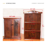 Corner Bookcase dimensions: cabinet 35.5 inches tall and 29 inches wide, shelf unit 45 inches tall and 28.5 inches wide