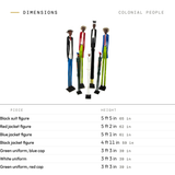 Colonial People dimensions: 7 figures from 3 ft 3 in (39 in) to 5 ft 5 in (65 in) tall