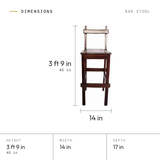 Bar Stool dimensions: 3 ft 9 in (45 in) tall, 14 in wide, 17 in deep