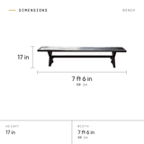 Bench dimensions: 17 in tall, 7 ft 6 in (90 in) wide