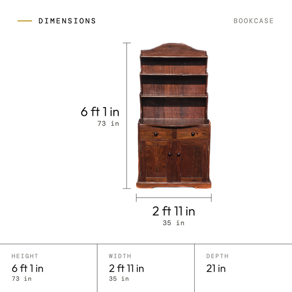 Bookcase dimensions: 6 ft 1 in (73 in) tall, 2 ft 11 in (35 in) wide, 21 in deep