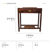 Desk dimensions: 2 ft 10 in (34 in) tall, 2 ft 8 in (32 in) wide, 16 in deep