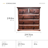 Dresser dimensions: 2 ft 8 in (32 in) tall, 2 ft 7.5 in (31.5 in) wide, 21 in deep