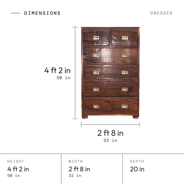 Dresser dimensions: 4 ft 2 in (50 in) tall, 2 ft 8 in (32 in) wide, 20 in deep