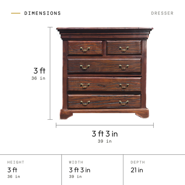 Dresser dimensions: 3 ft (36 in) tall, 3 ft 3 in (39 in) wide, 21 in deep