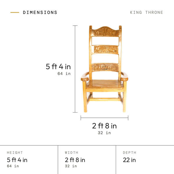 King Throne dimensions: 5 ft 4 in (64 in) tall, 2 ft 8 in (32 in) wide, 22 in deep