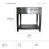 Side table dimensions: 2 ft 1 in (25 in) tall, 2 ft (24 in) wide, 20 in deep