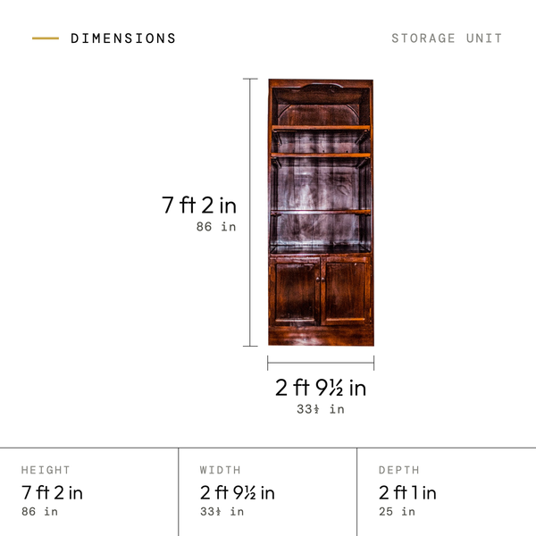 Storage Unit dimensions: 7 ft 2 in (86 in) tall, 2 ft 9.5 in (33.5 in) wide, 2 ft 1 in (25 in) deep