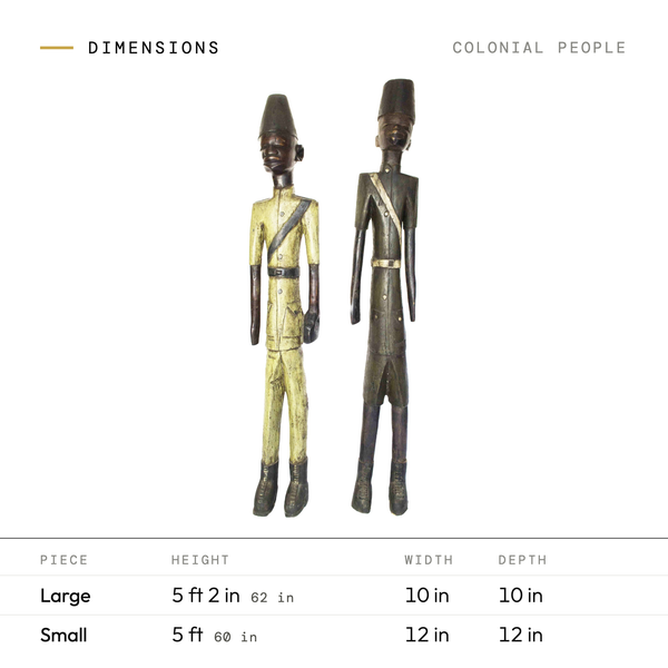 Colonial People dimensions by size: Large 5 ft 2 in tall, 10 in wide, 10 in deep; Small 5 ft tall, 12 in wide, 12 in deep