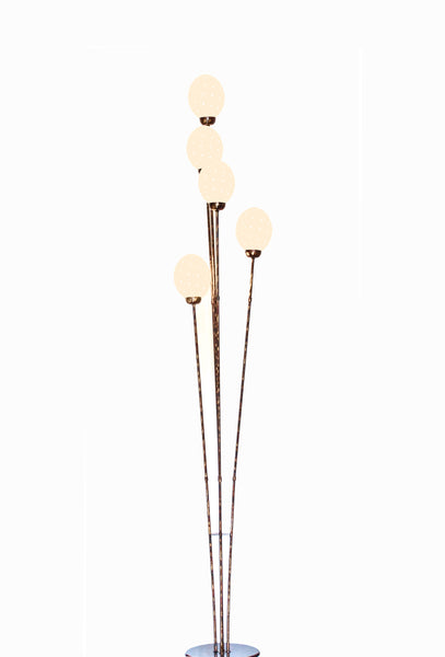 Full view of the Five Egg Ostrich Egg Lamp with five lit eggs on thin metal stems of different heights