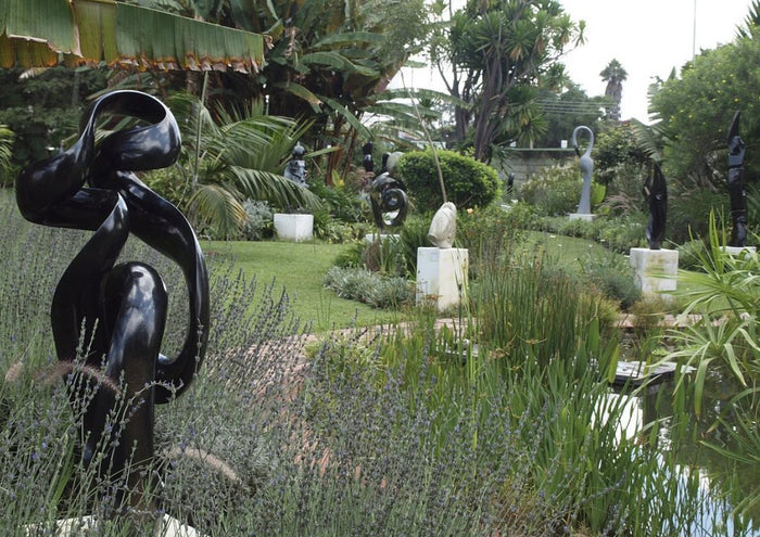 Polished black stone sculptures in a garden in Zimbabwe