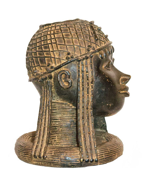 Profile view: Authentic 'Benin Woman' Carved Bronze Sculpture from Nigeria Made in 1988