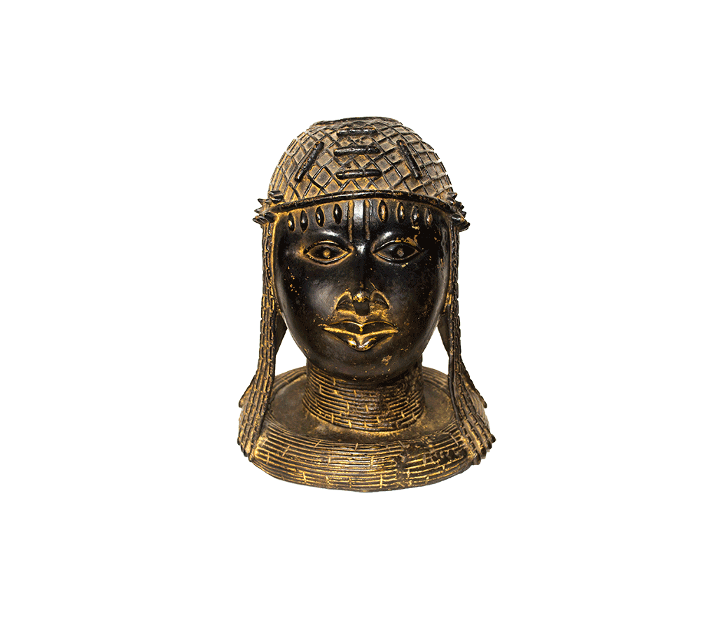 Benin Kingdom Woman, a head of a royal woman in a woven cap and beaded collar, made from bronze in Nigeria