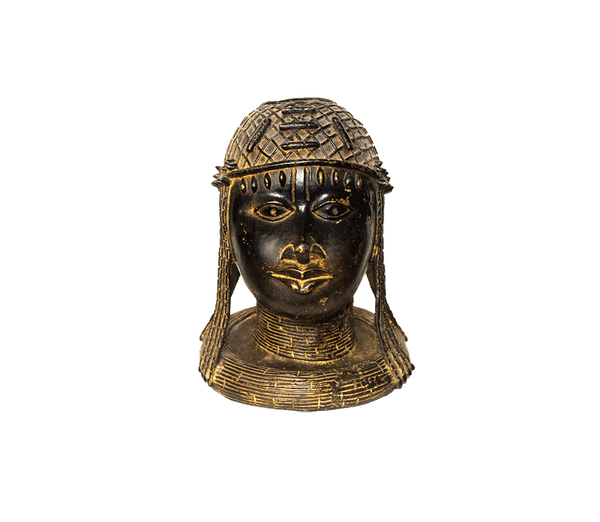 Benin Kingdom Woman, a head of a royal woman in a woven cap and beaded collar, made from bronze in Nigeria