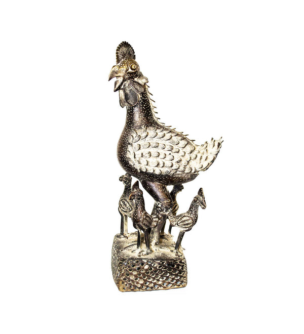 Benin Kingdom Rooster, a rooster standing over small chicks on an open lattice base, made from bronze in Nigeria