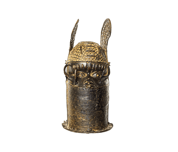 Benin Kingdom King, a memorial head of an Oba in a beaded cap with two raised wings, made from bronze in Nigeria