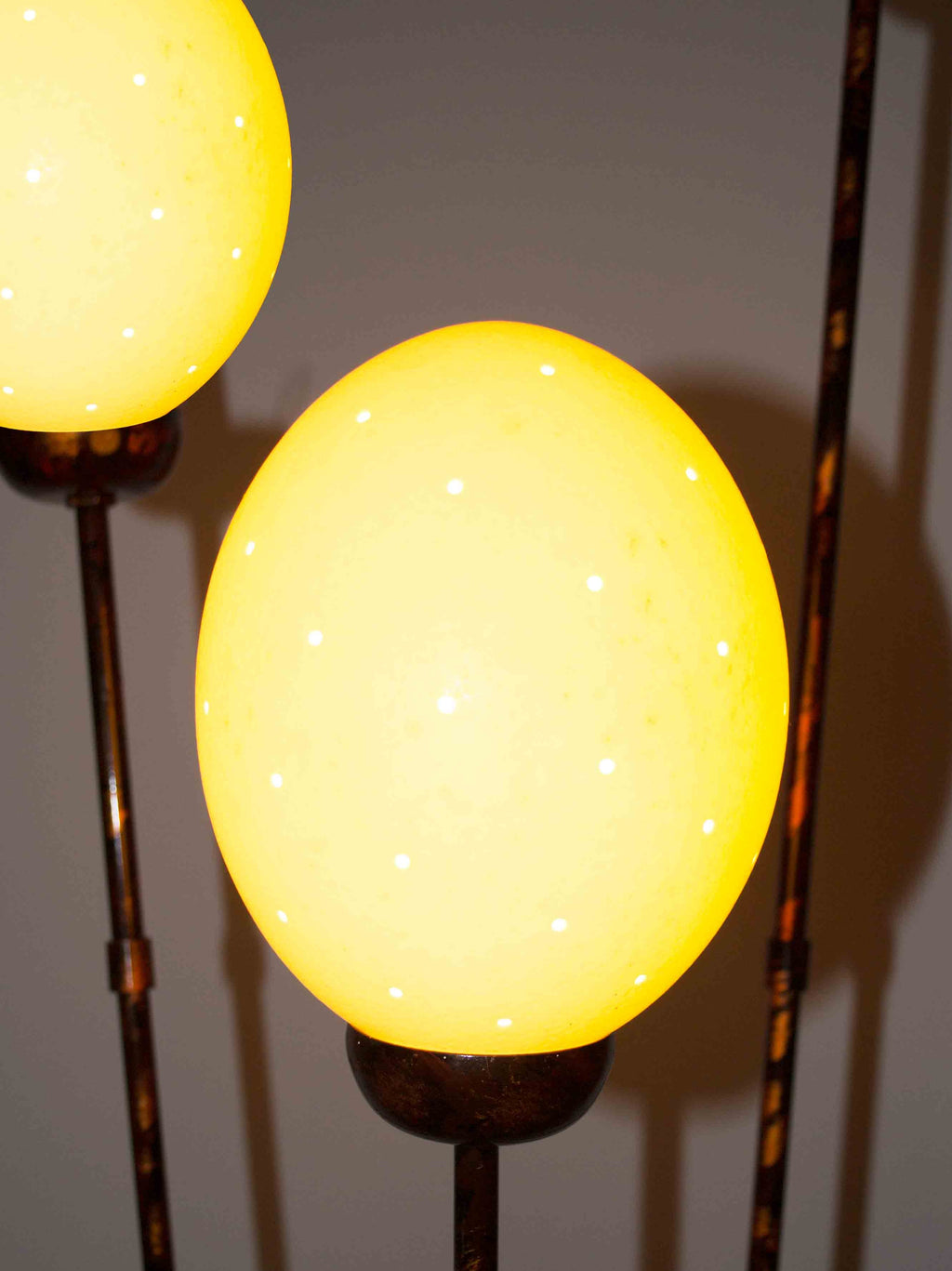 Close up lamp, 2/3 bulbs shown: Authentic Hand Made Ostrich Egg Floor Lamp from South Africa