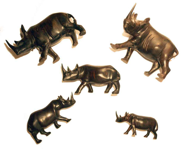All sizes displayed together (xsmall, small, medium, large, xlarge): Authentic Vintage Hand Carved Black Wood 'Rhino' Figurine from Kenya