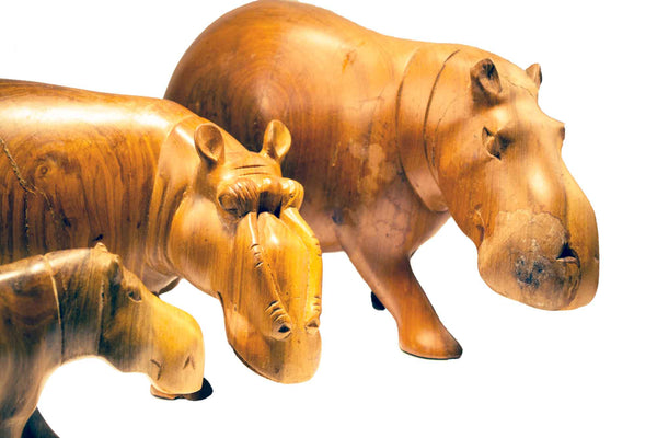 All sizes (small, medium, large) displayed together: Authentic Vintage Hand Carved Teak Wood 'Hippo' Figurine from Kenya