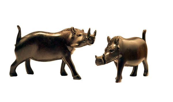 Both sizes (small and large) displayed together: Authentic Vintage Hand Carved Black Wood 'Wild Hog' Figurine from Kenya