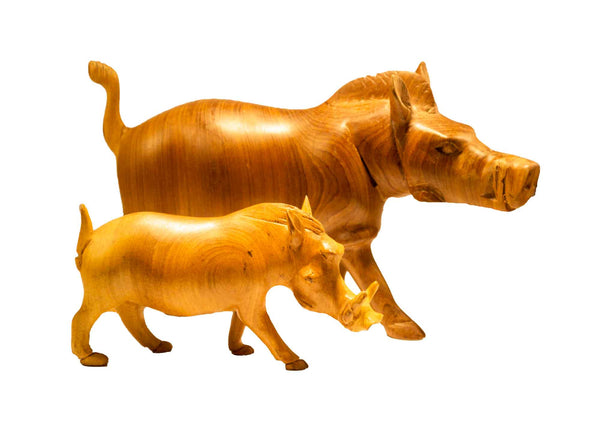 Both sizes (small and large) displayed together: Authentic Vintage Hand Carved Teak Wood 'Wild Hog' Figurine from Kenya