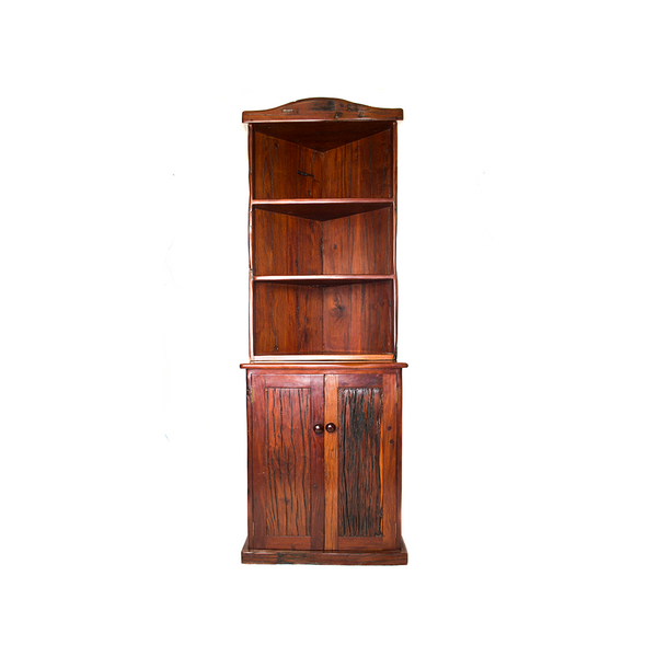 Corner Bookcase with three open shelves over a two-door cabinet, made from recycled red jarrah wood in Zimbabwe