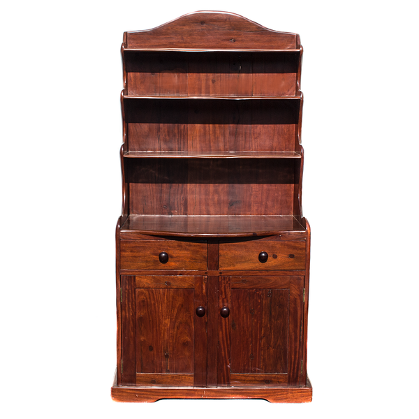Bookcase with three open shelves above two drawers and a two-door cabinet, made from recycled red jarrah wood in Zimbabwe