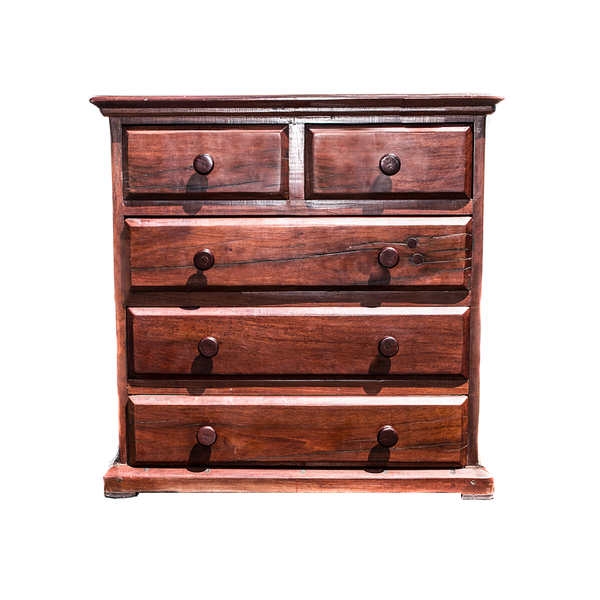 Dresser with two small and three full drawers and round wood knobs, made from recycled red jarrah wood in Zimbabwe